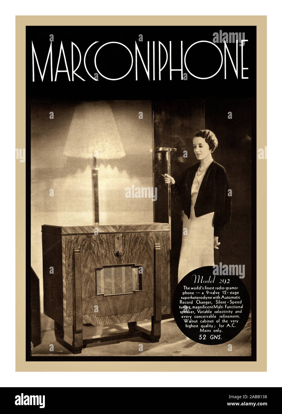 Marconi 1930’s consumer advertisement for the Marconiphone Nine Valve Automatic Radiogram De Luxe 292 a premium luxury radio record player with a 52 guineas price tag (c £3,000) VINTAGE RECORD PLAYER MARCONI MARCONIPHONE RADIO MW+ LW CABINET STYLUS GRAMOPHONE Stock Photo