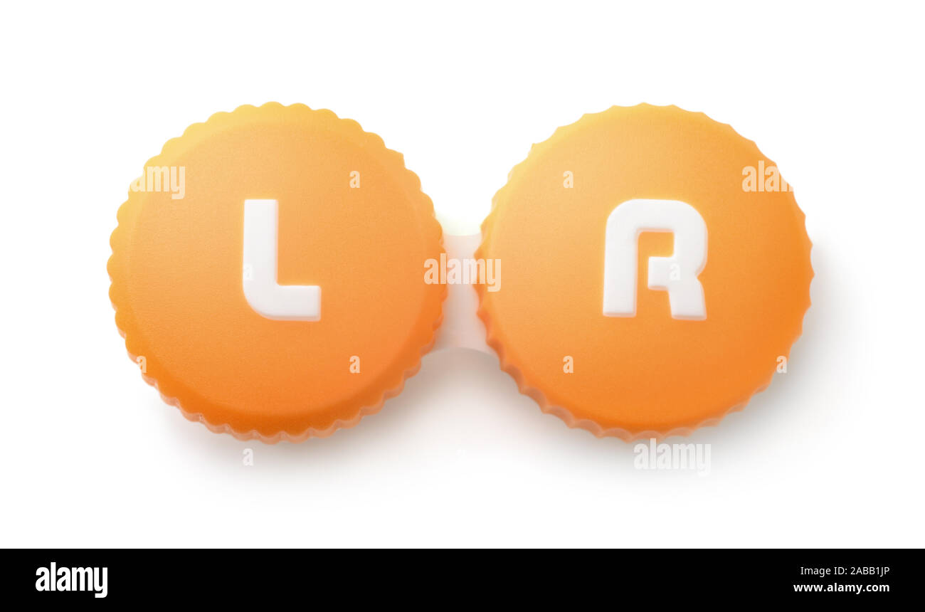 Top view of plastic orange contact lens case isolated on white Stock