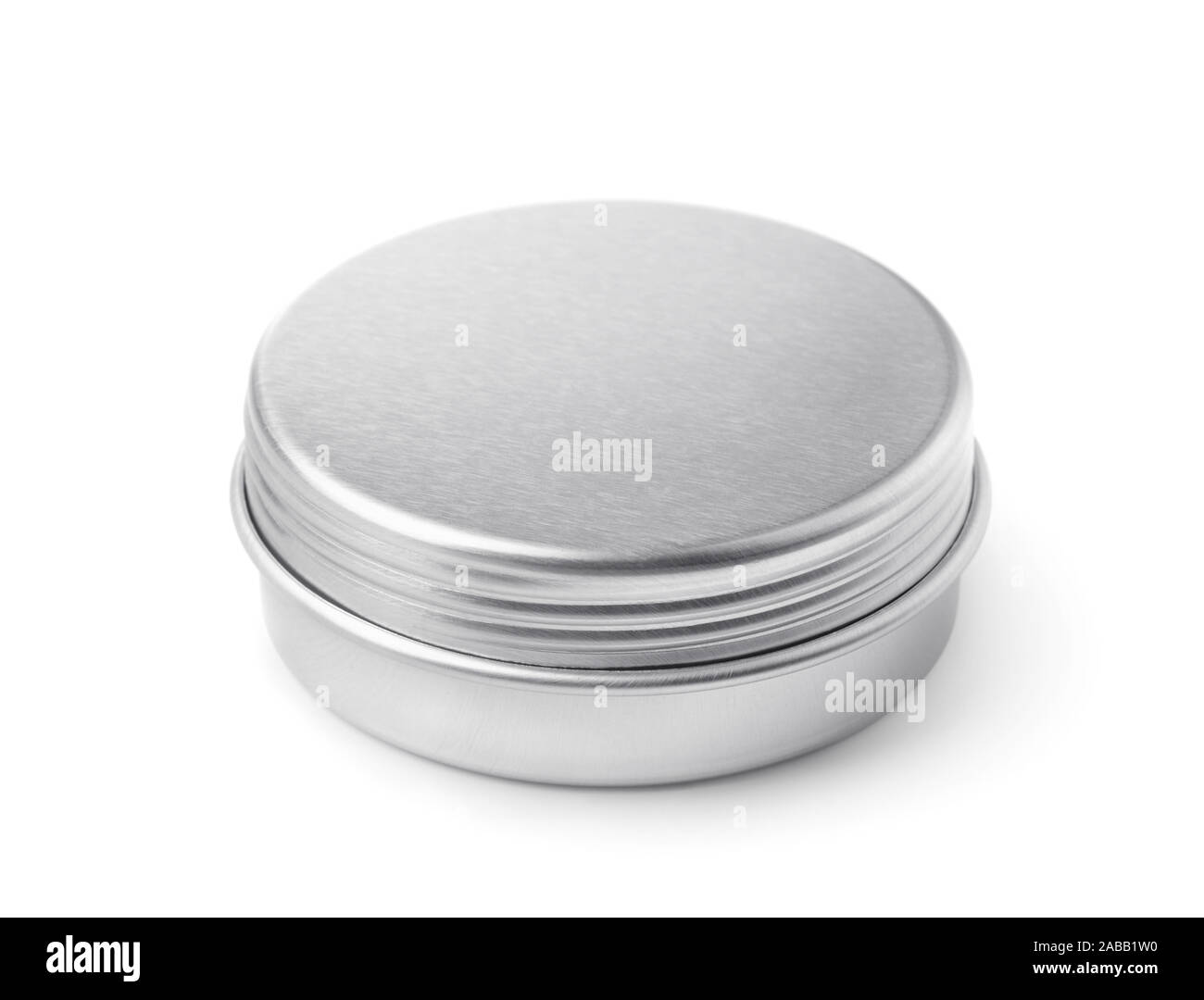 Closed blank metal round container isolated on white Stock Photo