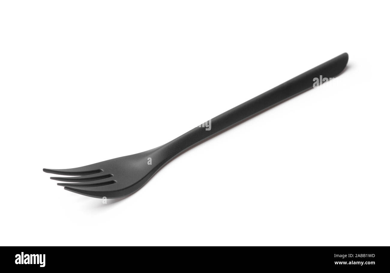 Black disposable plastic fork isolated on white Stock Photo