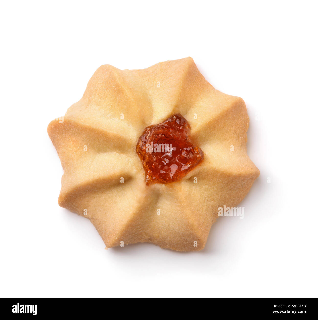 Top view of single shortbread cookie with jam isolated on white Stock Photo