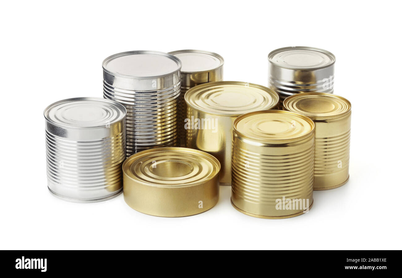 Group of food tin cans isolated on white Stock Photo