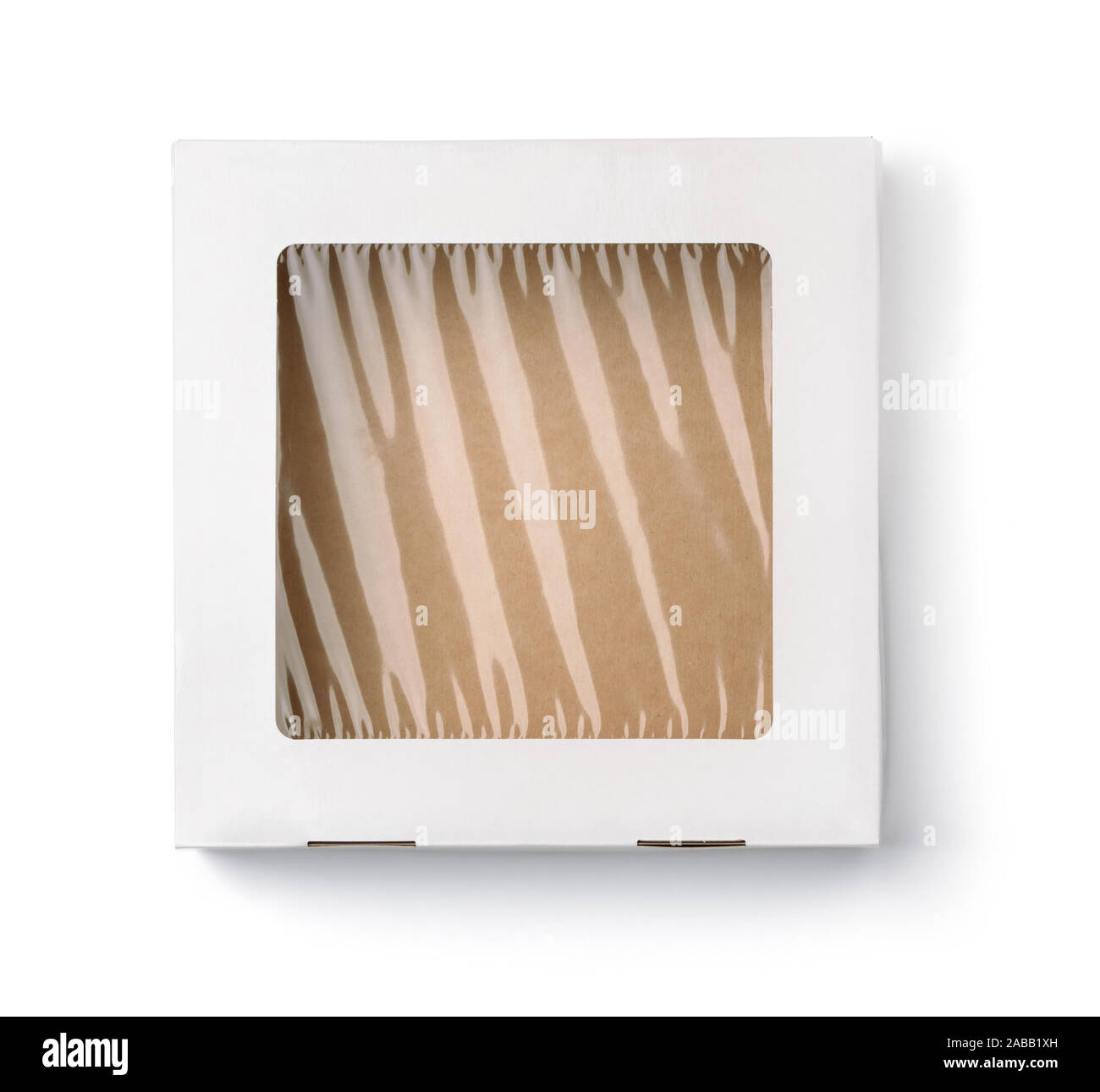 Top view of white paper package box with transparent window isolated on white Stock Photo