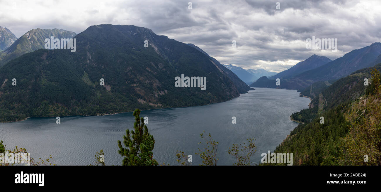 Aerial View of Anderson Lake surrounded by Canadian Mountain Landscape