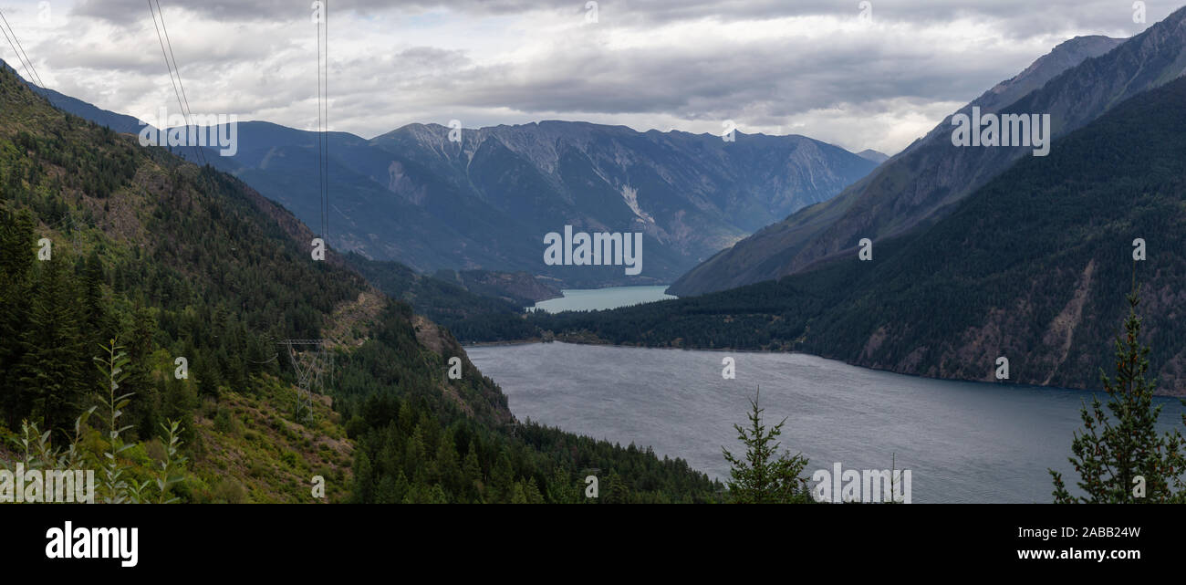 Aerial Panoramic View of a small remote town, Seton Portage, between Anderson and Seton Lake