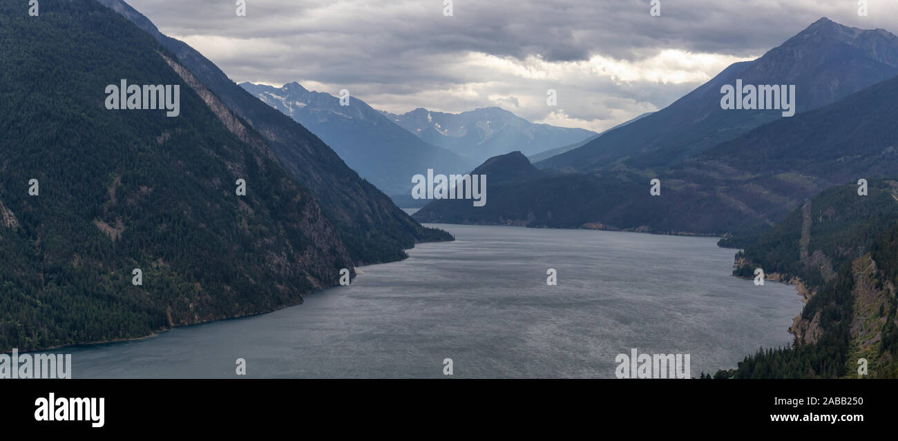 Aerial View of Anderson Lake surrounded by Canadian Mountain Landscape
