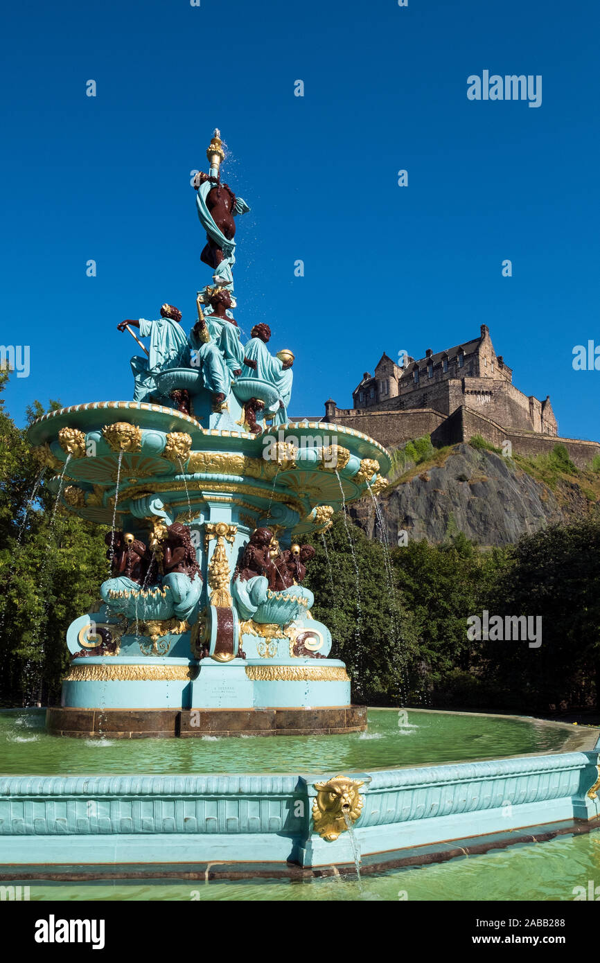 View of Ross Fountain after renovation in Princes Street Gardens with Edinburgh Castle to rear, Scotland, UK Stock Photo