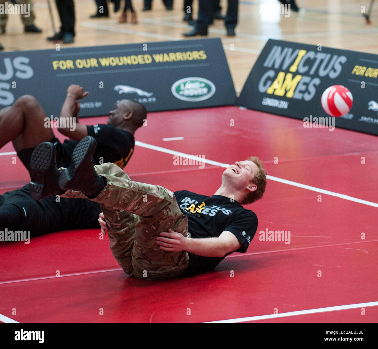 Prince Harry launching the Invictus Games, an International sporting event for wounded, injured and sick service personnel in the Copperbox at the Queen Elizabeth Olympic park.March 2014 Stock Photo