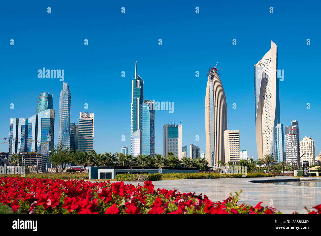 Daytime skyline of downtown Kuwait City from Al Shaheed Park in Kuwait, Middle East Stock Photo