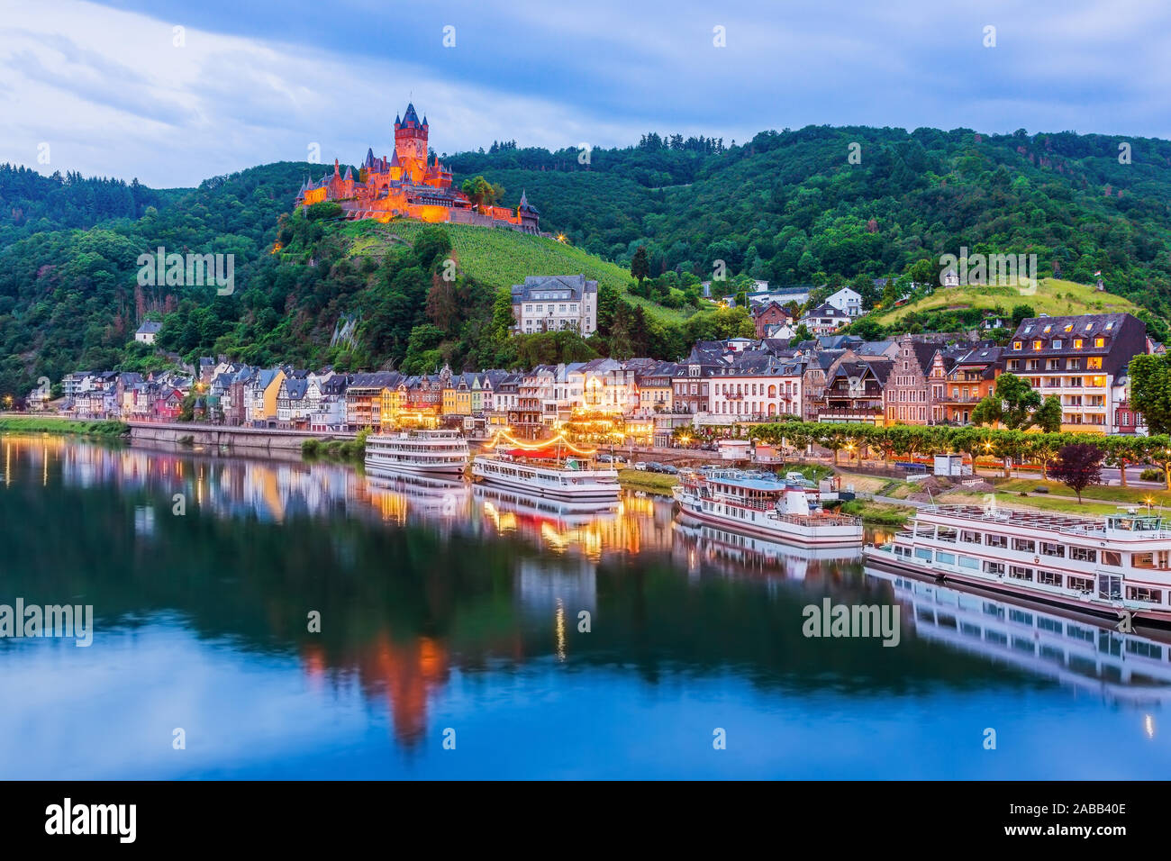 Cochem, Germany. Old town and the Cochem (Reichsburg) castle on the Moselle river. Stock Photo