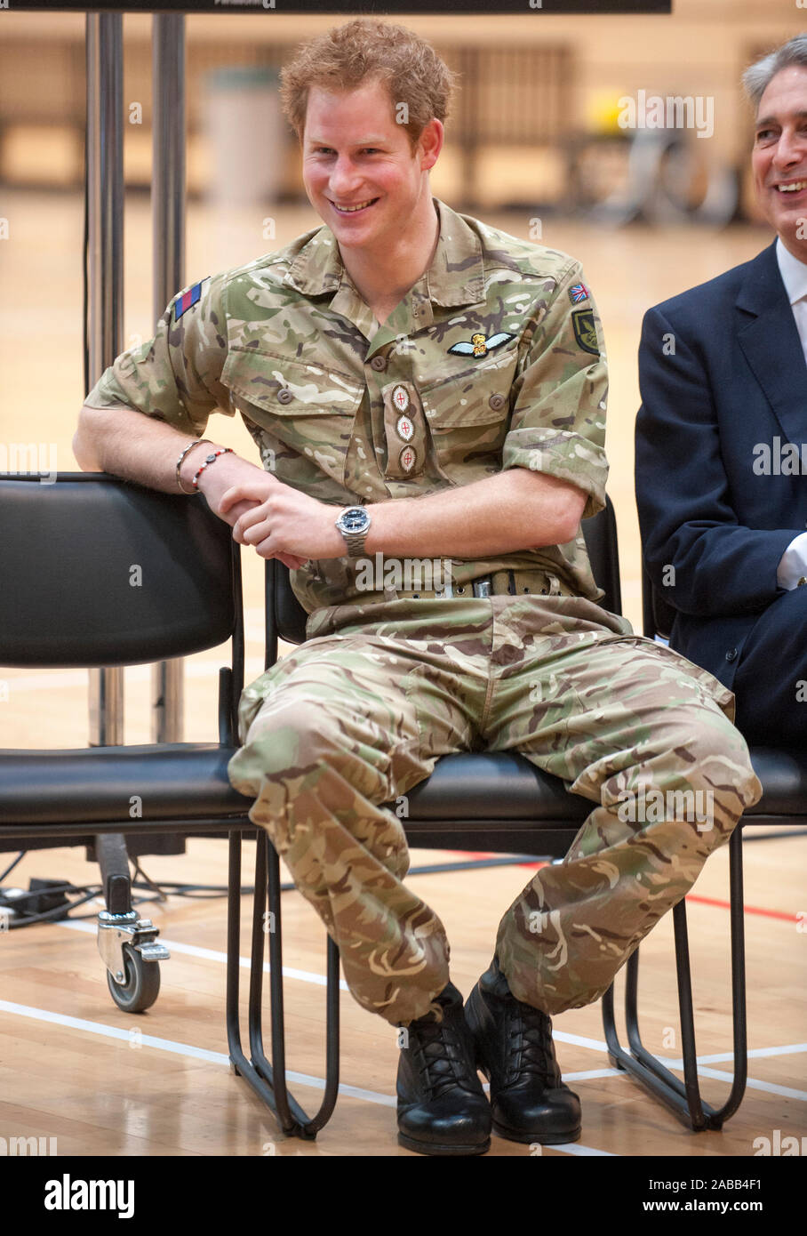 Prince Harry launching the Invictus Games, an International sporting event for wounded, injured and sick service personnel in the Copperbox at the Queen Elizabeth Olympic park.March 2014 Stock Photo