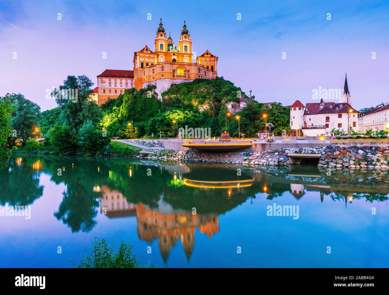 Melk, Austria. Benedictine abbey in Wachau valley at twilight. Stock Photo