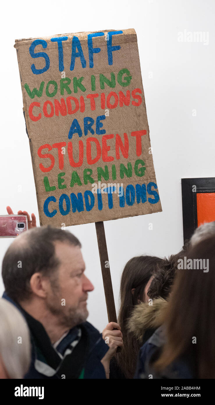Protest board in support for lectures and students in british universities, Stock Photo