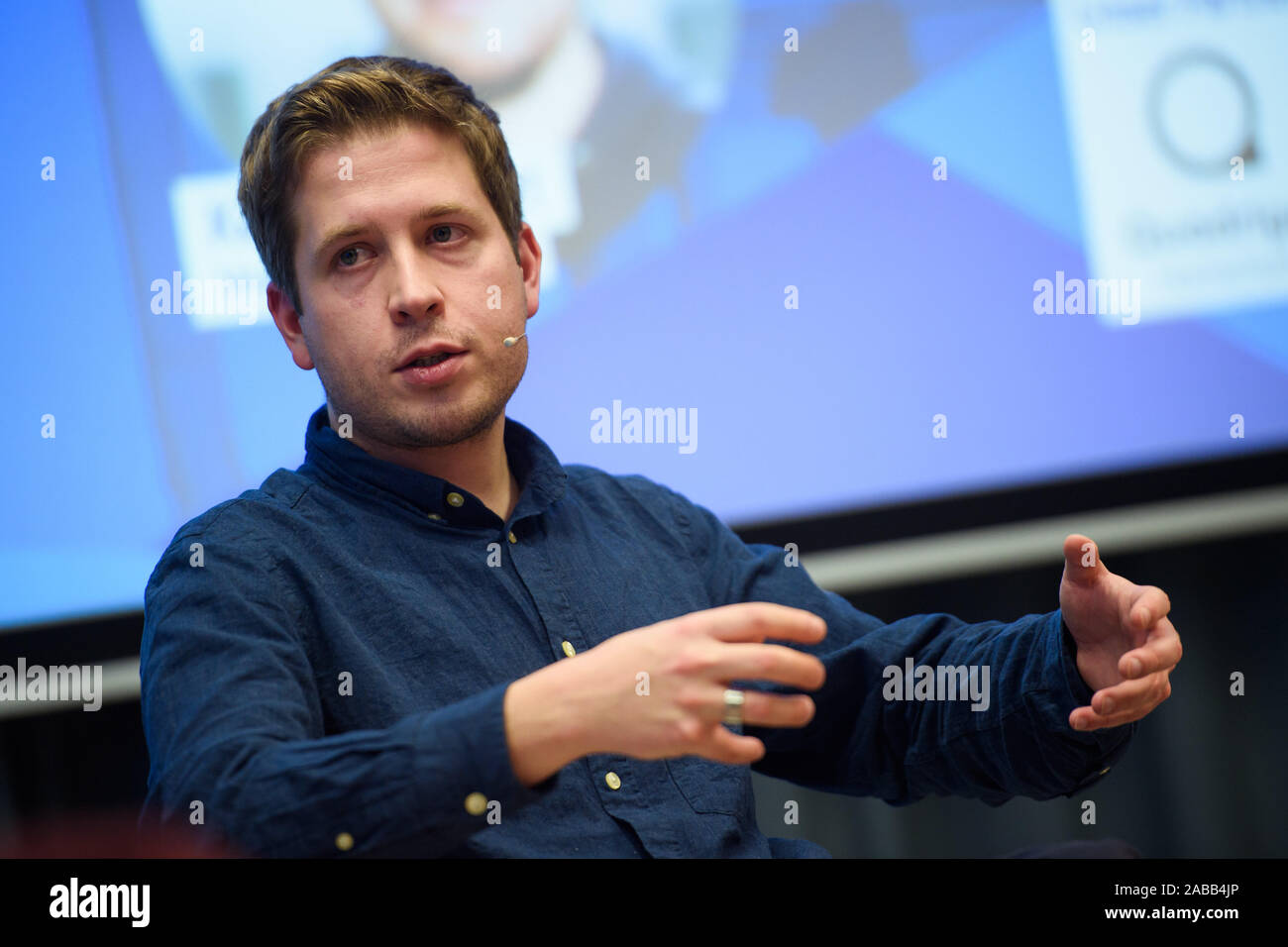 Berlin, Germany. 26th Nov, 2019. Kevin Kühnert (SPD), federal chairman of the Jusos, speaks during a panel discussion of the Junge Union on the topic 'How to continue with Groko' at Quadriga University. Credit: Gregor Fischer/dpa/Alamy Live News Stock Photo