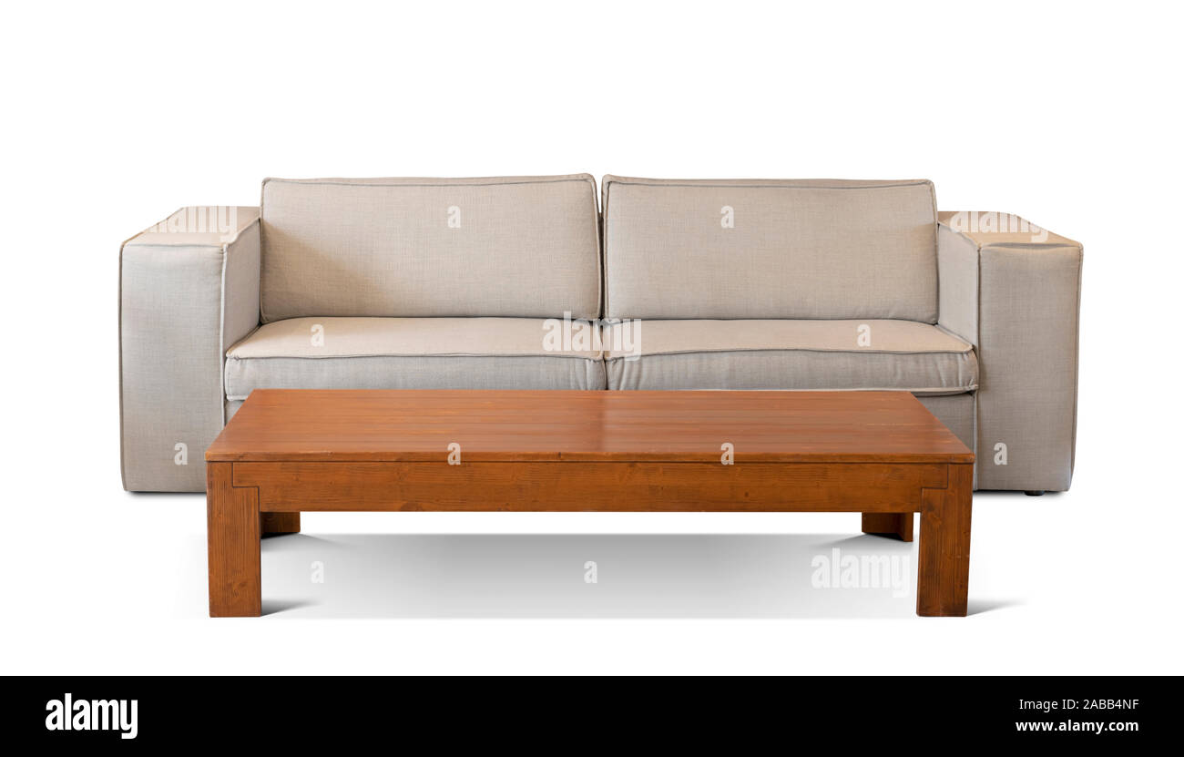 Front view beige couch on white. Stock Photo