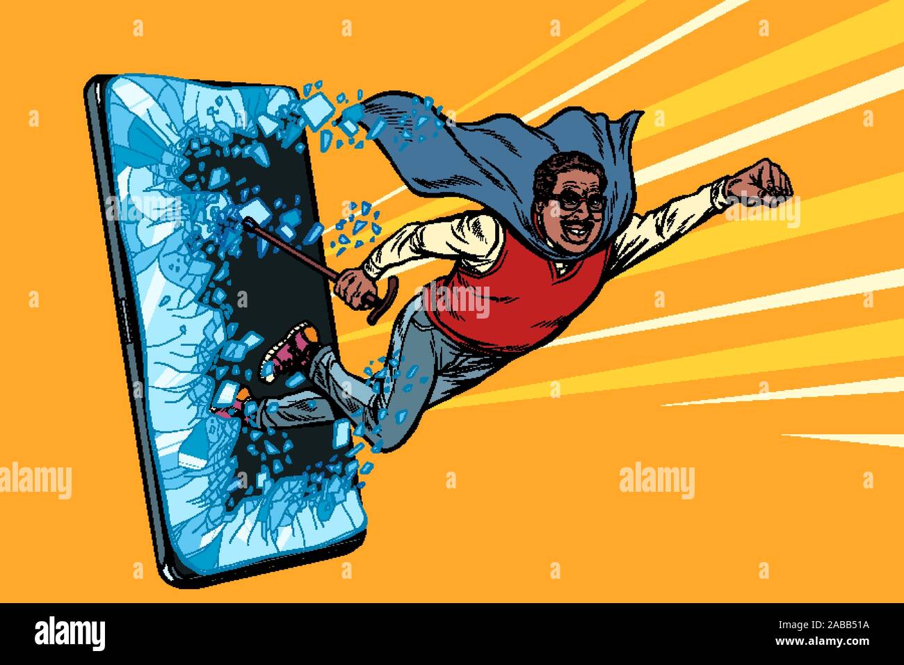 Old african man superhero punches the screen Phone gadget smartphone. Online Internet application service program Stock Vector
