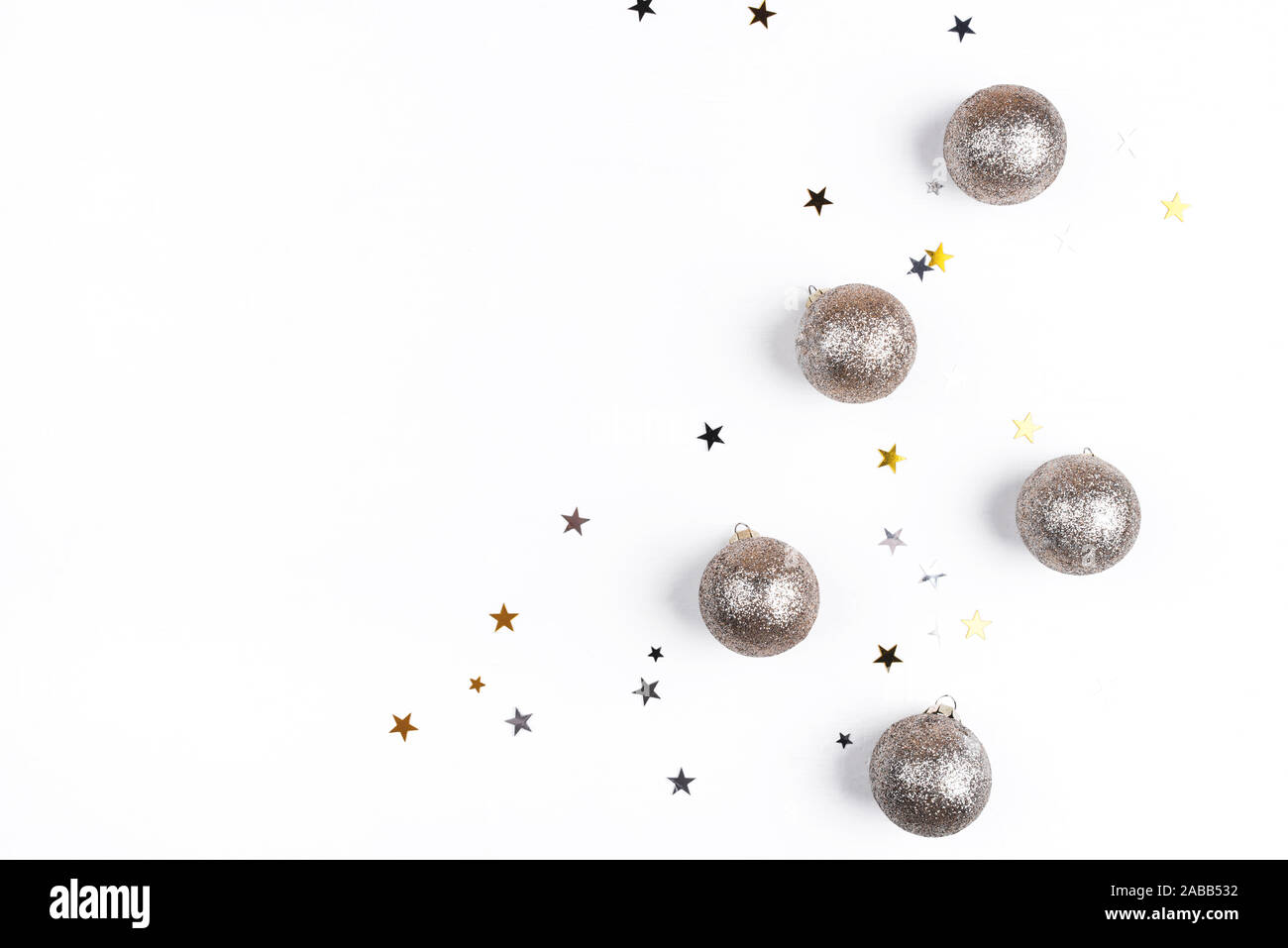 Festive white background with Christmas decorations. Stock Photo