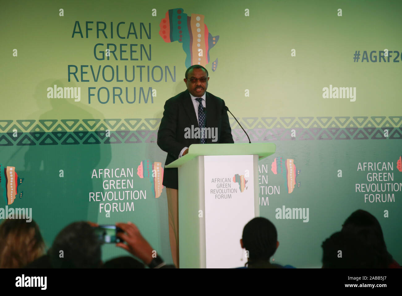 Kigali, Rwanda. 26th Nov, 2019. Hailemariam Desalegn, former prime minister of Ethiopia and board chair of Alliance for a Green Revolution in Africa (AGRA), delivers remarks at an event to launch the African Green Revolution Forum (AGRF) 2020 Summit in Kigali, capital city of Rwanda, Nov. 26, 2019. New apporaches were emphazized on Monday in Rwanda's Kigali to address 'rising' cases of hunger and food insecurity challenges in Africa. Credit: Lyu Tianran/Xinhua/Alamy Live News Stock Photo