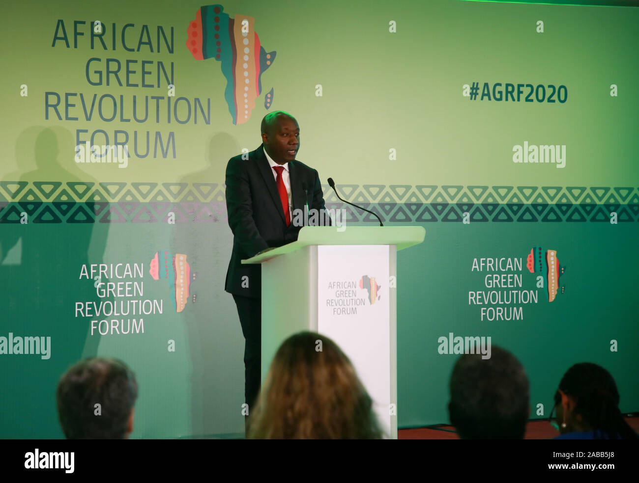 Kigali, Rwanda. 26th Nov, 2019. Rwandan Prime Minister Edouard Ngirente delivers remarks at an event to launch the African Green Revolution Forum (AGRF) 2020 Summit in Kigali, capital city of Rwanda, Nov. 26, 2019. New apporaches were emphazized on Monday in Rwanda's Kigali to address 'rising' cases of hunger and food insecurity challenges in Africa. Credit: Lyu Tianran/Xinhua/Alamy Live News Stock Photo