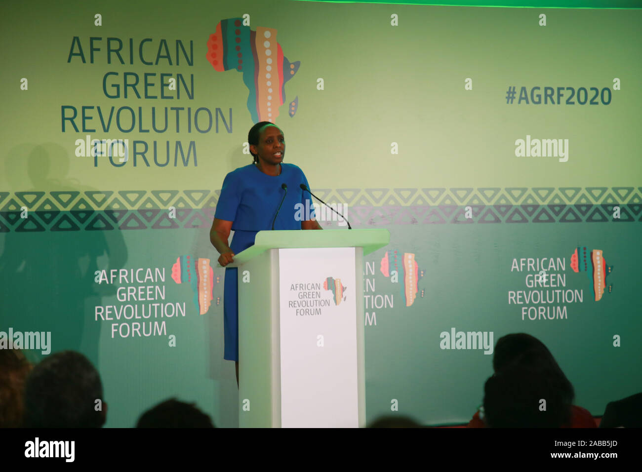 Kigali, Rwanda. 26th Nov, 2019. Agnes Kalibata, president of Alliance for a Green Revolution in Africa (AGRA), delivers remarks at an event to launch the African Green Revolution Forum (AGRF) 2020 Summit in Kigali, capital city of Rwanda, Nov. 26, 2019. New apporaches were emphazized on Monday in Rwanda's Kigali to address 'rising' cases of hunger and food insecurity challenges in Africa. Credit: Lyu Tianran/Xinhua/Alamy Live News Stock Photo