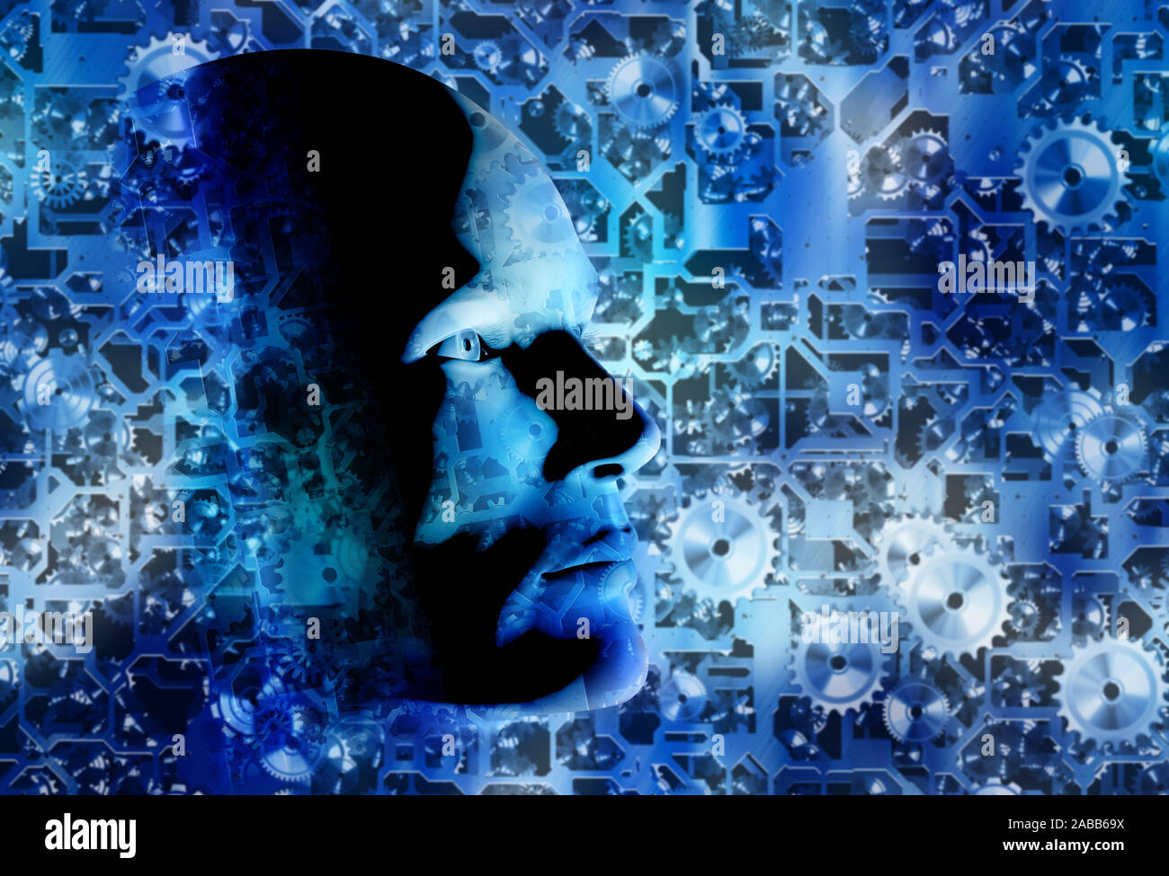 humanoid head as concept for Artificial Intelligence, future generations of humans, technology singularity, cyberlife and digitally created personas Stock Photo