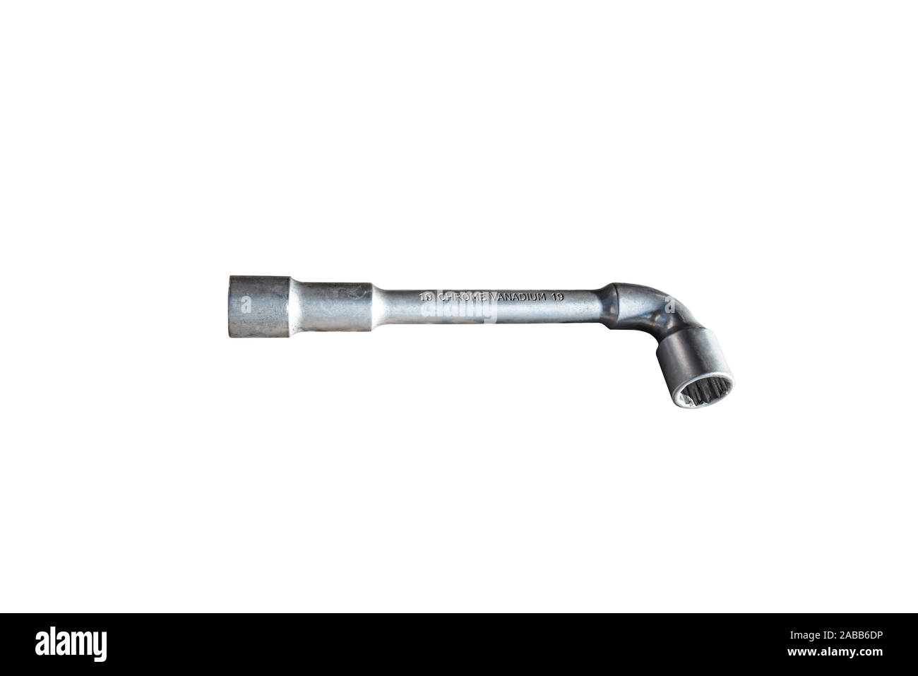 Double 19 size ring wrench made of chrome vanadium steel, isolated on a white background with a clipping path. Stock Photo