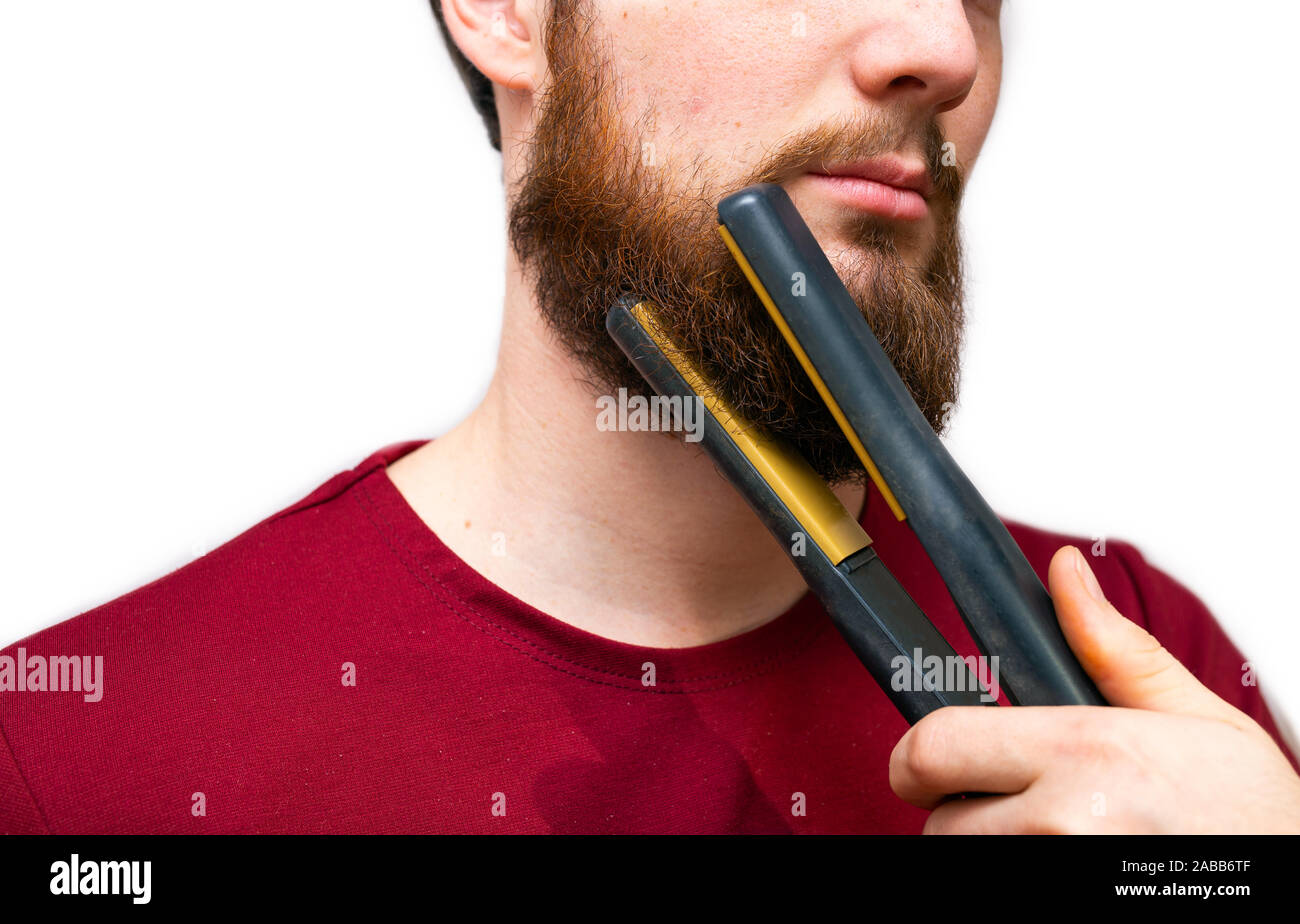 Portrait of man straightened his beard with a straightener, styling his beard on isolated white background Stock Photo