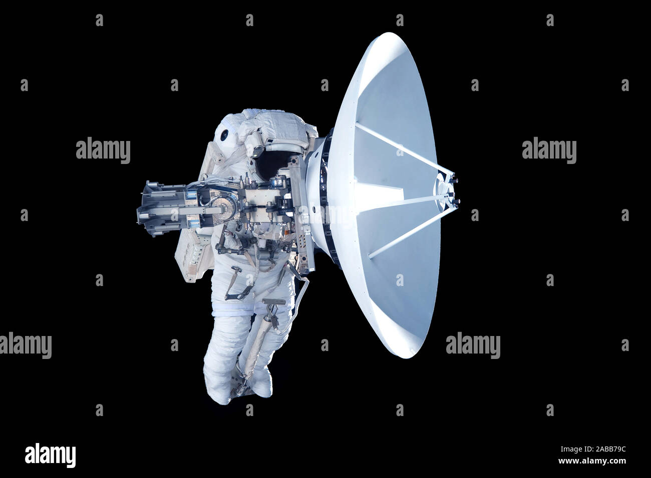 An astronaut with big radar in his hands. Isolated on a black background. Elements of this image were furnished by NASA. Stock Photo