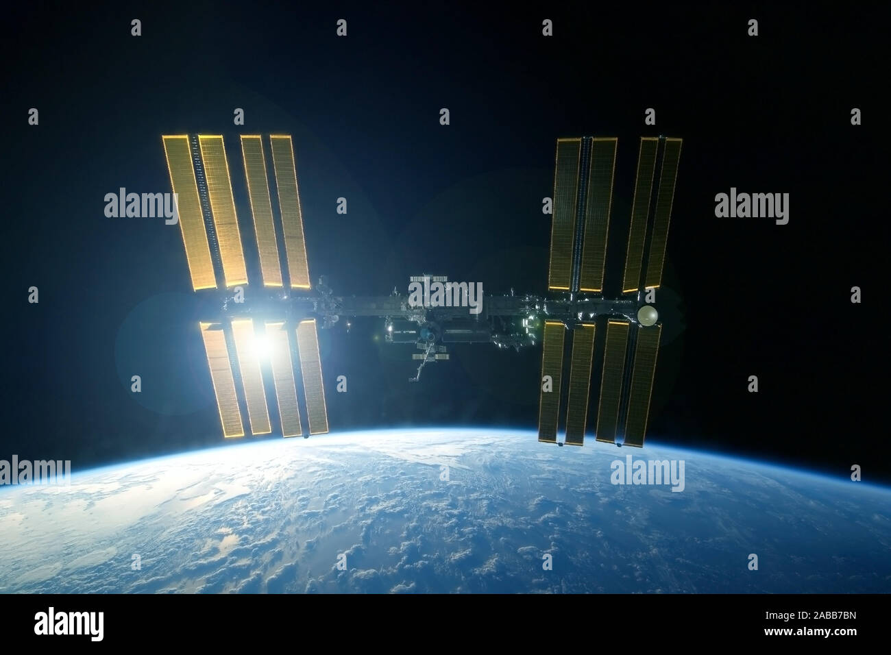 Space station, in expanded form, above the planet. Elements of this image were furnished by NASA. Stock Photo