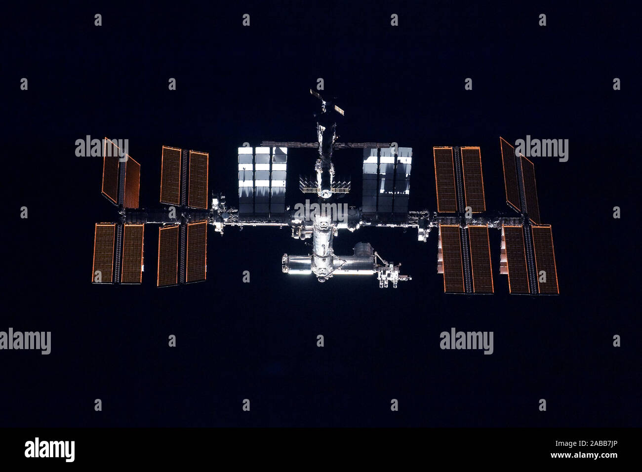 Space station, in expanded form, on a black background. Elements of this image were furnished by NASA. Stock Photo