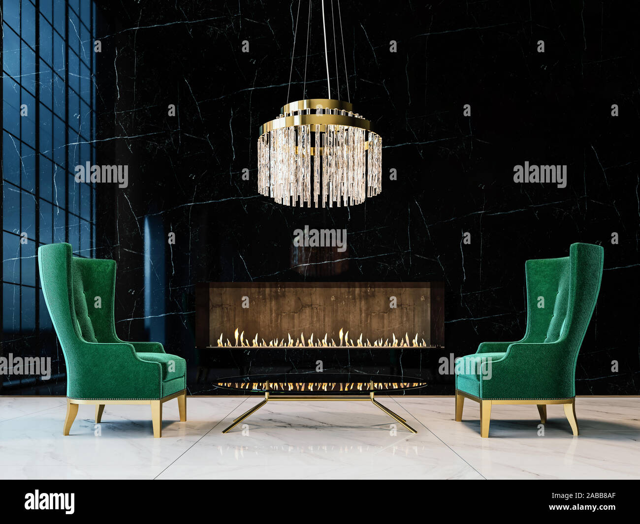 Luxury black marble mockup wall with expensive green armchairs, glass
