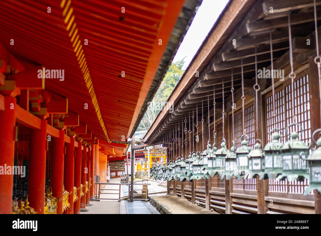 Kasuga Grand Shrine  is a Shinto shrine in Nara. Established in 768 CE, it is the shrine of the Fujiwara family and is famous for the many lanterns Stock Photo