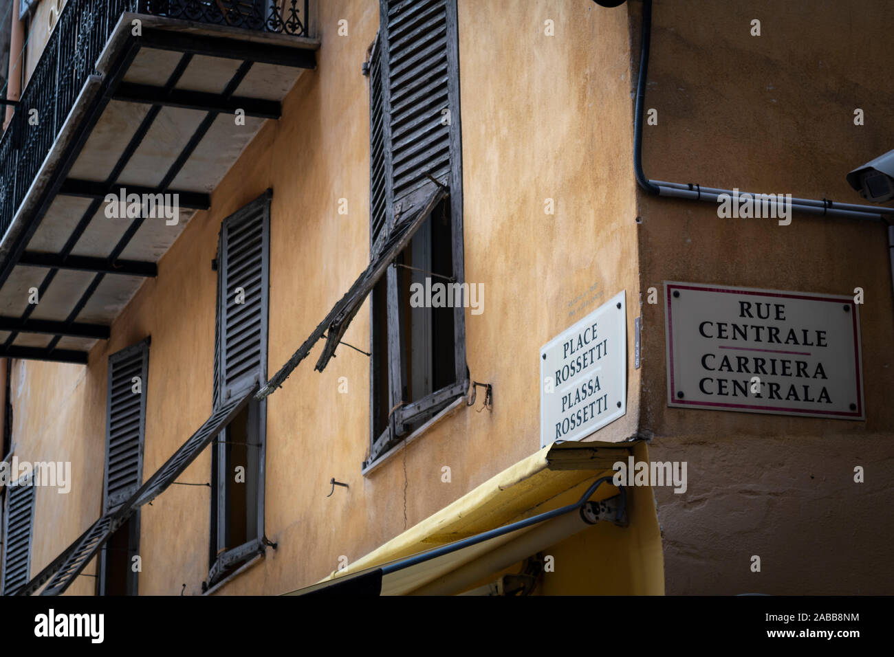 A street sign with the location and street near Place Rossetti piazza in the old town area of Nice, France. Stock Photo