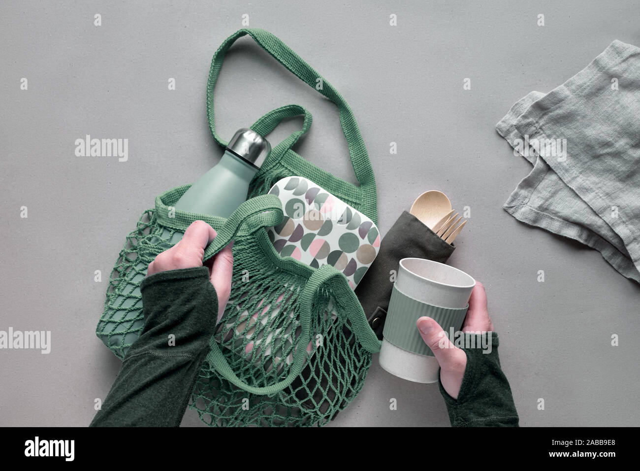 Zero waste packed lunch kit in mesh bag. Net bag with insulated metal