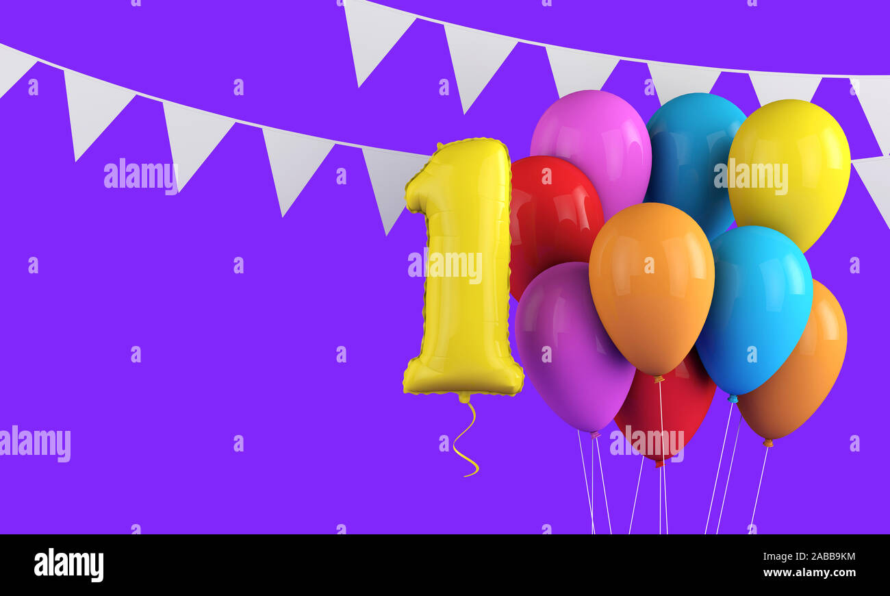 Happy 1st birthday colorful party balloons and bunting. 3D Render Stock