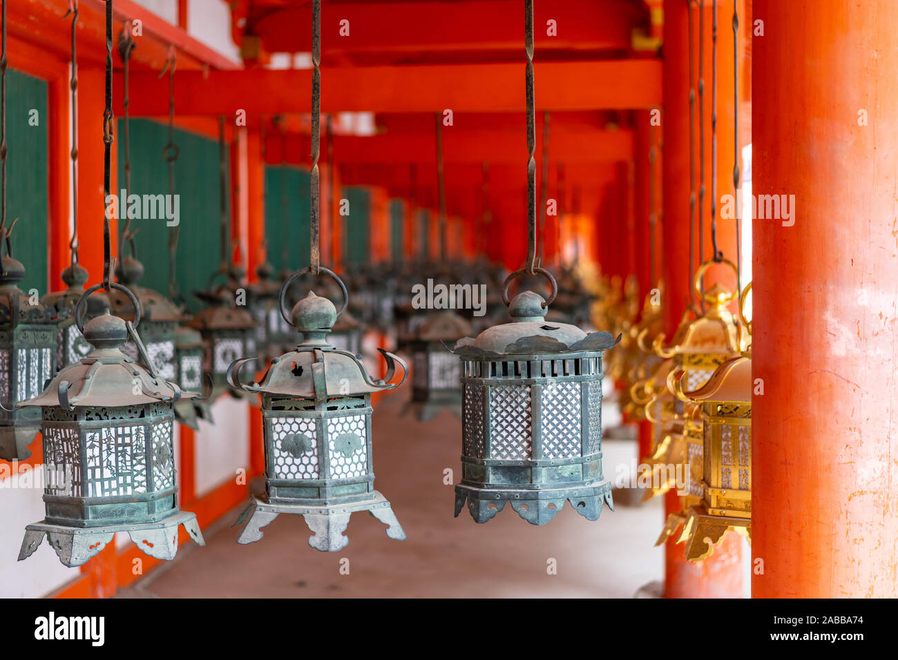 Kasuga Grand Shrine  is a Shinto shrine in Nara. Established in 768 CE, it is the shrine of the Fujiwara family and is famous for the many lanterns Stock Photo