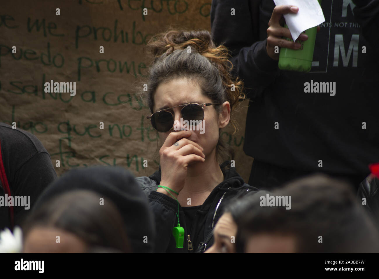 Bogota, Colombia. November 26, 2019: Protestors gather in Bogota in support of the national strike Paro Nacional. November 26th marks the 6th day of protests in the city, and one day after the first civilian death of 18 year old Dilan Cruz. Cruz was shot in the head with a projectile by National Police's anti-riot squad on the corner of Calle 19 with Carrera 4. Credit: Giles Campbell/ZUMA Wire/Alamy Live News Credit: ZUMA Press, Inc./Alamy Live News Stock Photo