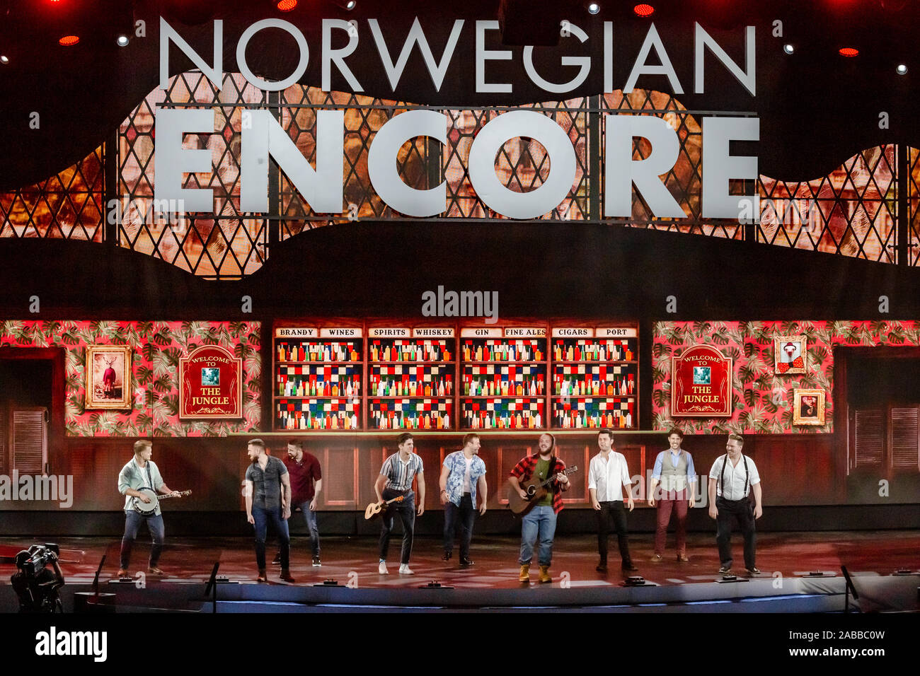 Choir of Man cast at NCL Encore inaugural christening and concert with
