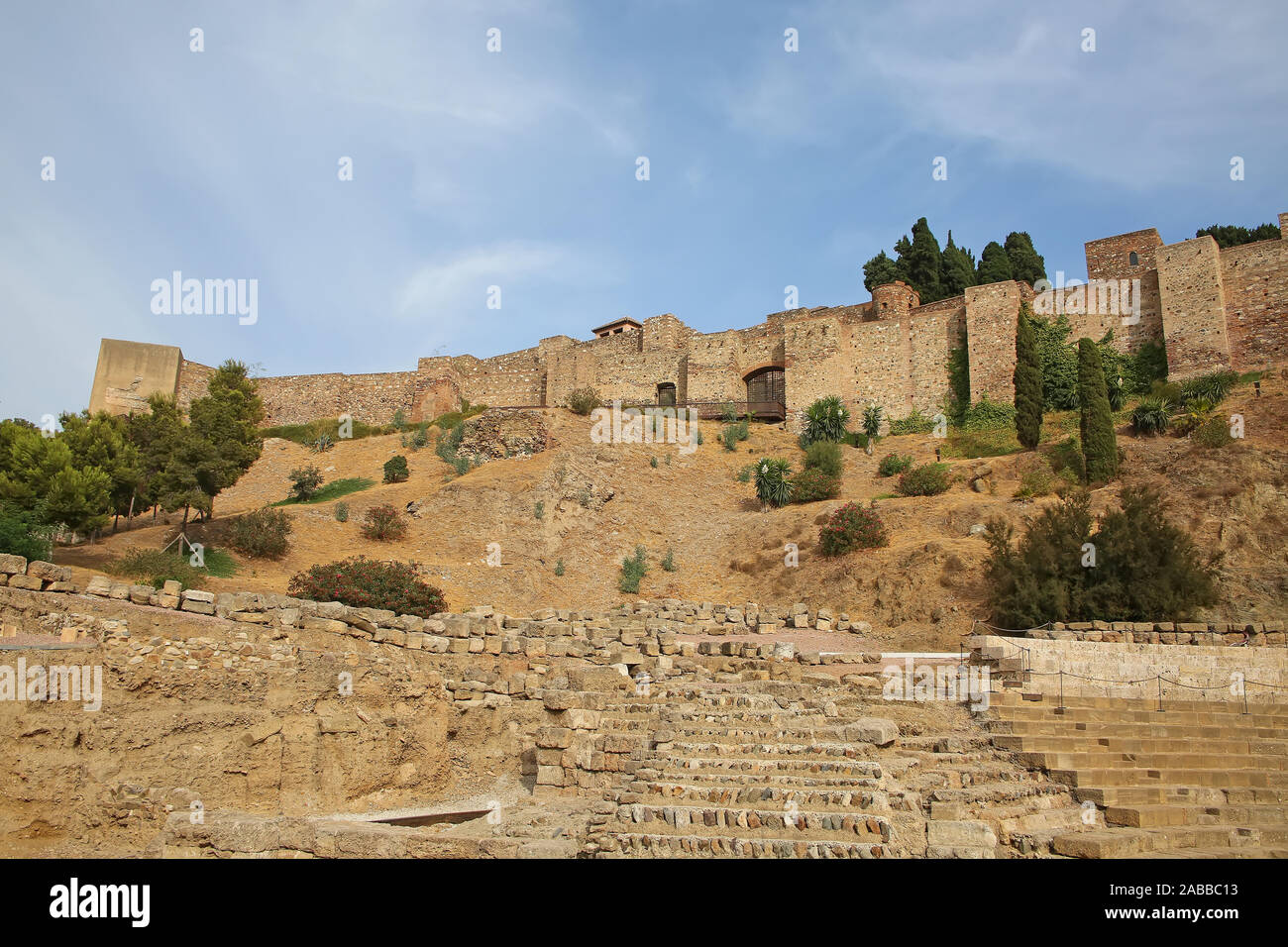 Castle of Gibralfaro with the roman theatre in the foreground, Malaga, Andalusia, Southern Spain. Stock Photo