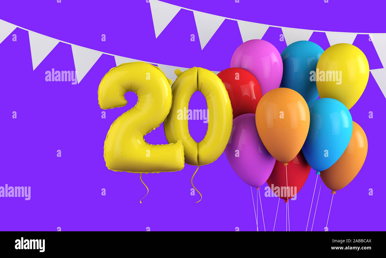 Happy 20th birthday colorful party balloons and bunting. 3D Render Stock Photo