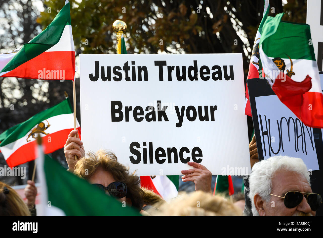 Torontonians gather at Mel Lastman Square to show support for the protesters in Iran while condemning Canadian Prime Minister Justin Trudeau's silence Stock Photo