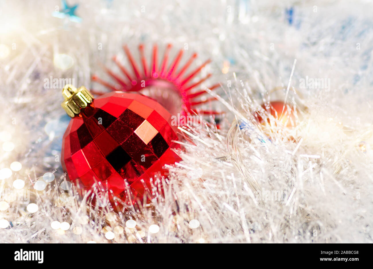 Christmas decorations on glitter festive background closeup Stock Photo