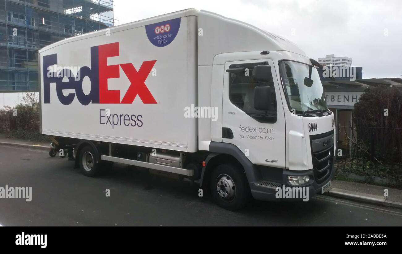 A DAF LF delivery lorry operated by FedEx Express parked up in The Terrace, Torquay, Devon, England, UK. Stock Photo