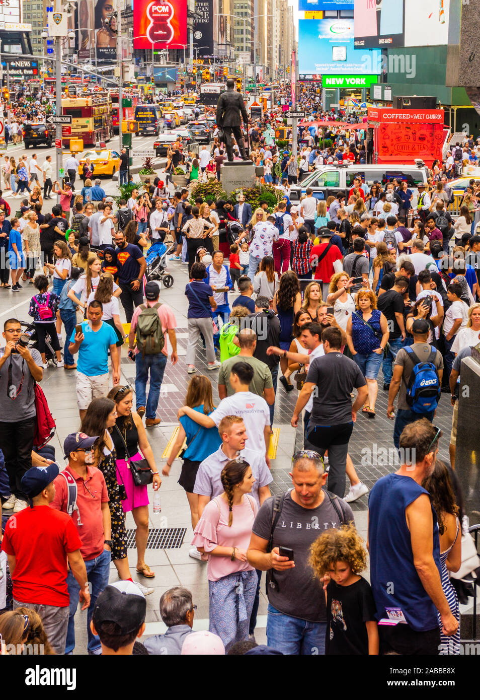 New York, USA - aug 20, 2018: Tourists in Times Square in the evening. More than 50 million people visit New York every year. Stock Photo