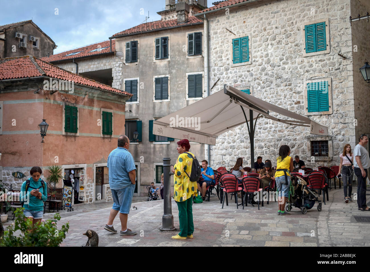 Montenegro, Sep 22, 2019: One of the squares with outdoor cafes in Kotor Old Town Stock Photo