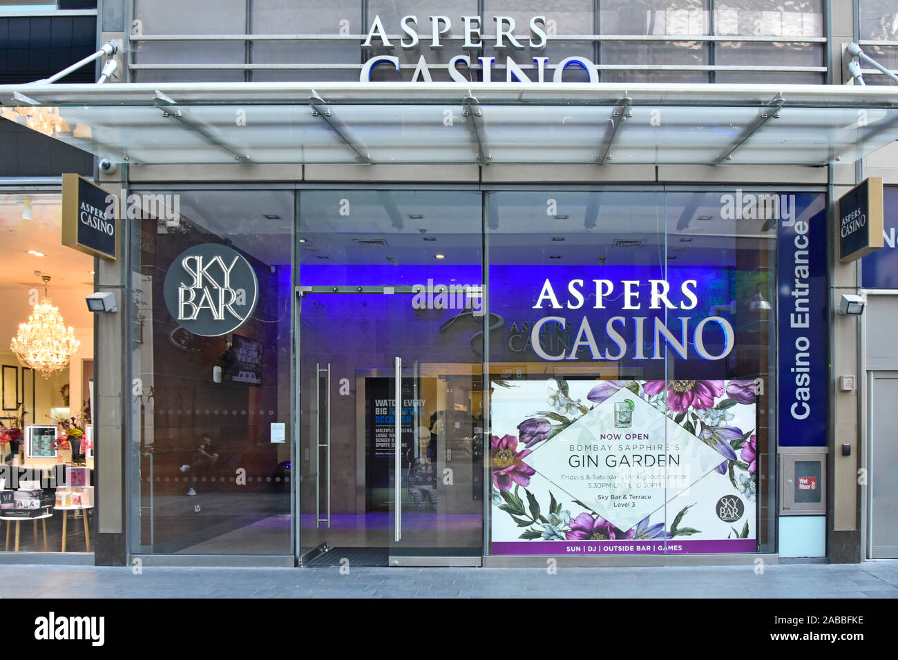 Entrance to Aspers 24/7 casino offering gambling table games slot machines restaurants bars at Westfield Stratford City London shopping centre mall UK Stock Photo