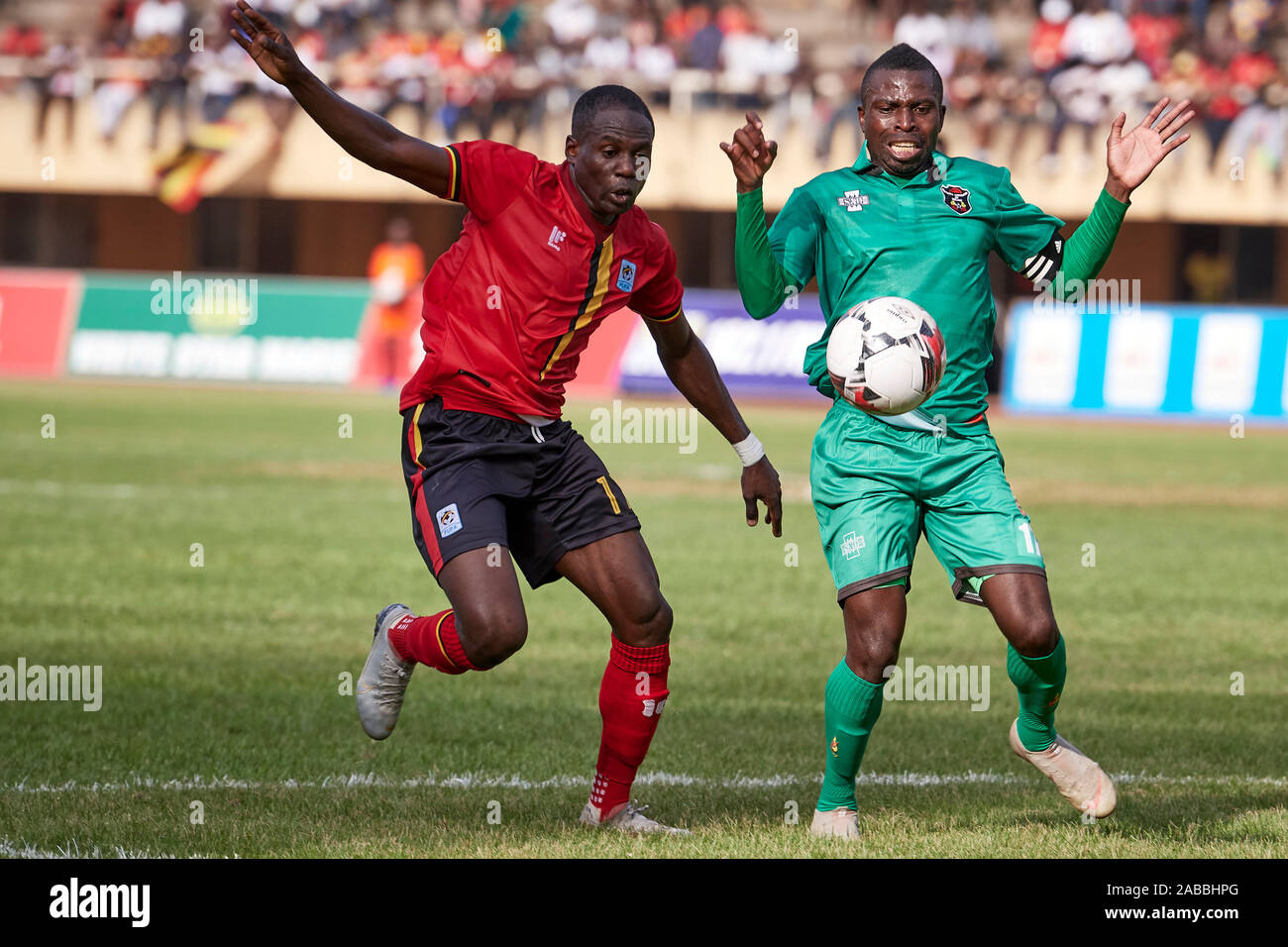 Kampala, Uganda. 17 Nov 2019. Farouk Miya (17, Uganda), John Banda [c] (17,  Malawi). Uganda v Malawi, CAF Nations Cup / African Cup of Nations  Qualifier. Nelson Mandela Stadium at Namboole. Credit: