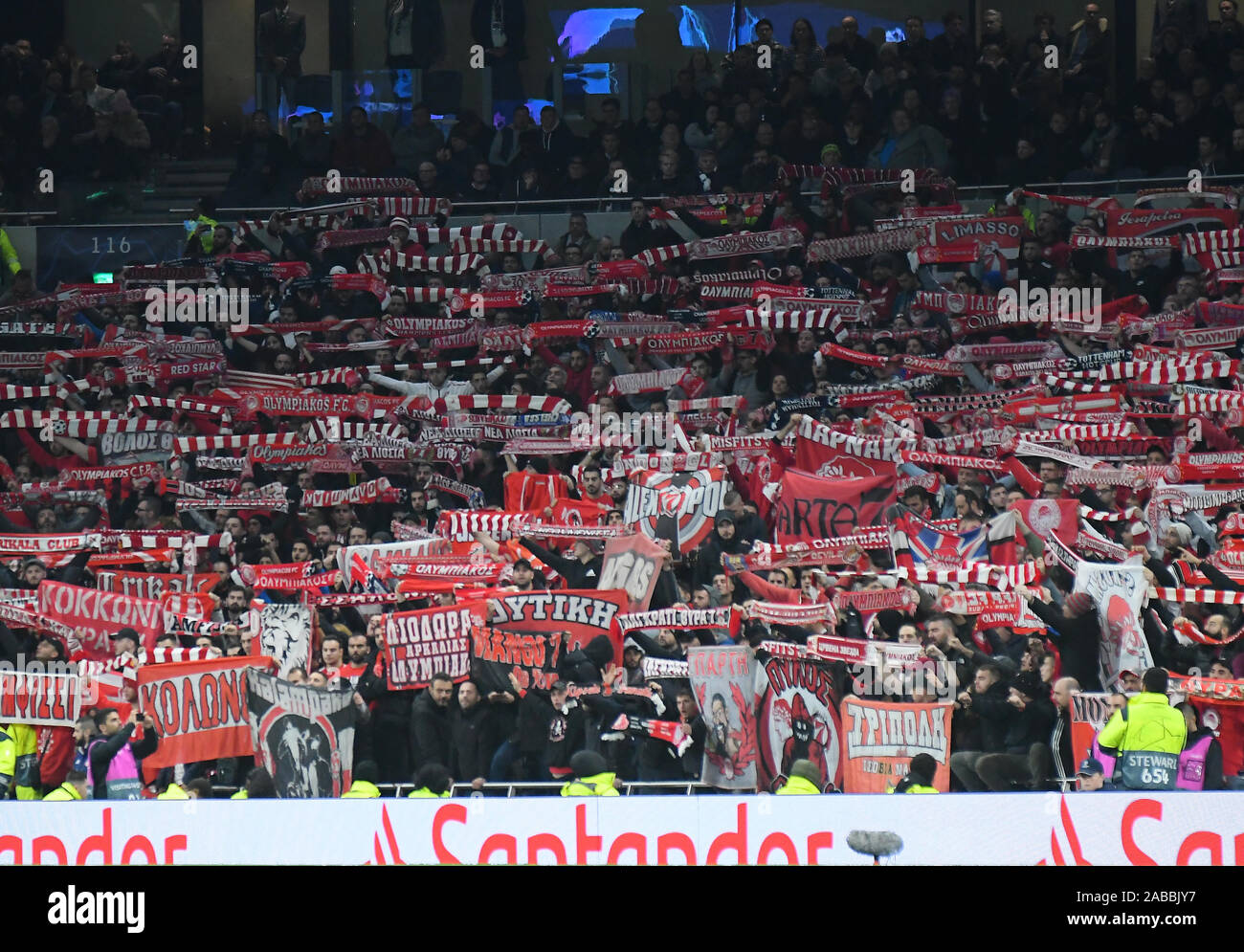 LONDON, ENGLAND - NOVEMBER 26, 2019: Olympiacos fans pictured during the 2019/20 UEFA Champions League Group B game between Tottenham Hotspur FC (England) and Olympiacos FC (Greece) at Tottenham Hotspur Stadium. Stock Photo