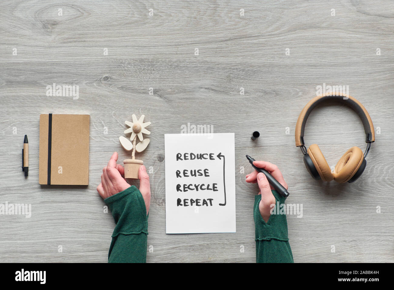 Concept zero waste conscious consumption flat lay, Top view of hands