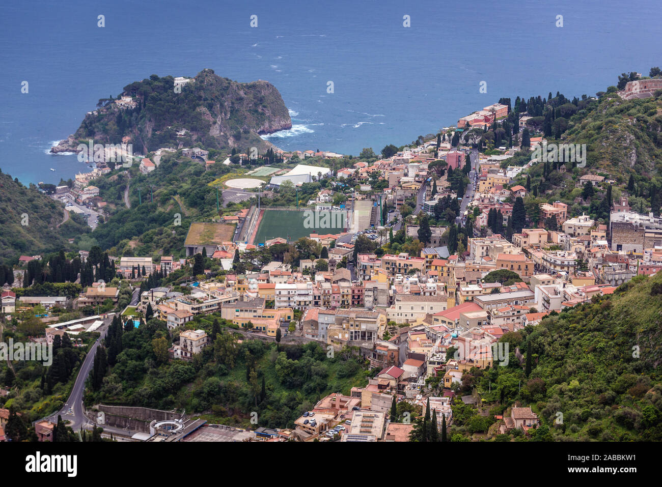 Taormina city seen from Castelmola town in the Province of Messina in the Italian region Sicily